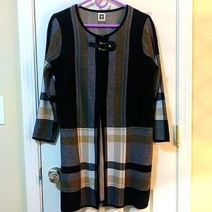 Anne Klein Long Open Cardigan Faux Leather Snap Camel Plaid.